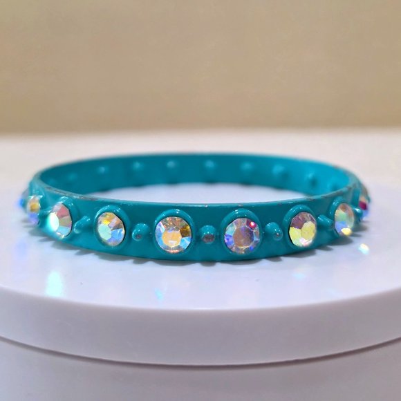 Vintage Retro Turquoise Metal Bangle Bracelet Aurora Borealis Glass Rhinestones - Picture 9 of 13